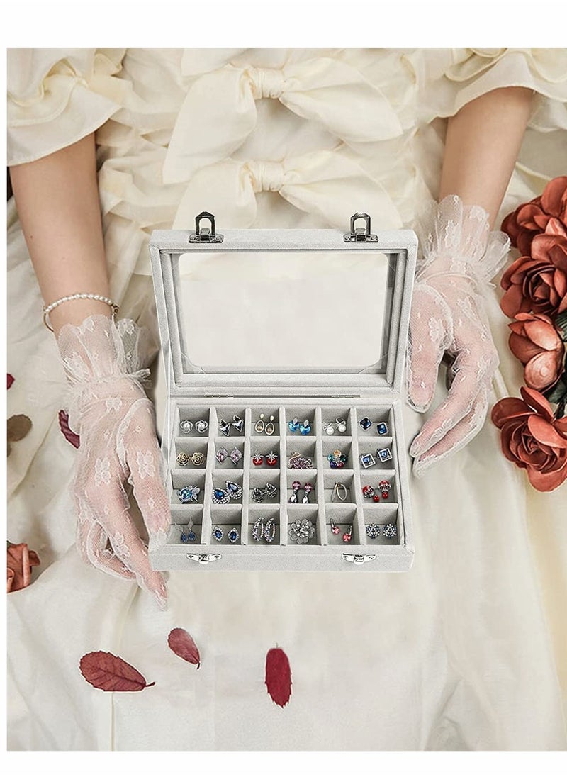 SYOSI - Jewelry Box 24 Grid Grey Velvet Jewelry Tray for Drawers Glass Clear Lid Showcase Display Storage Ring Trays Holder Earrings Organizer Case - Image 1