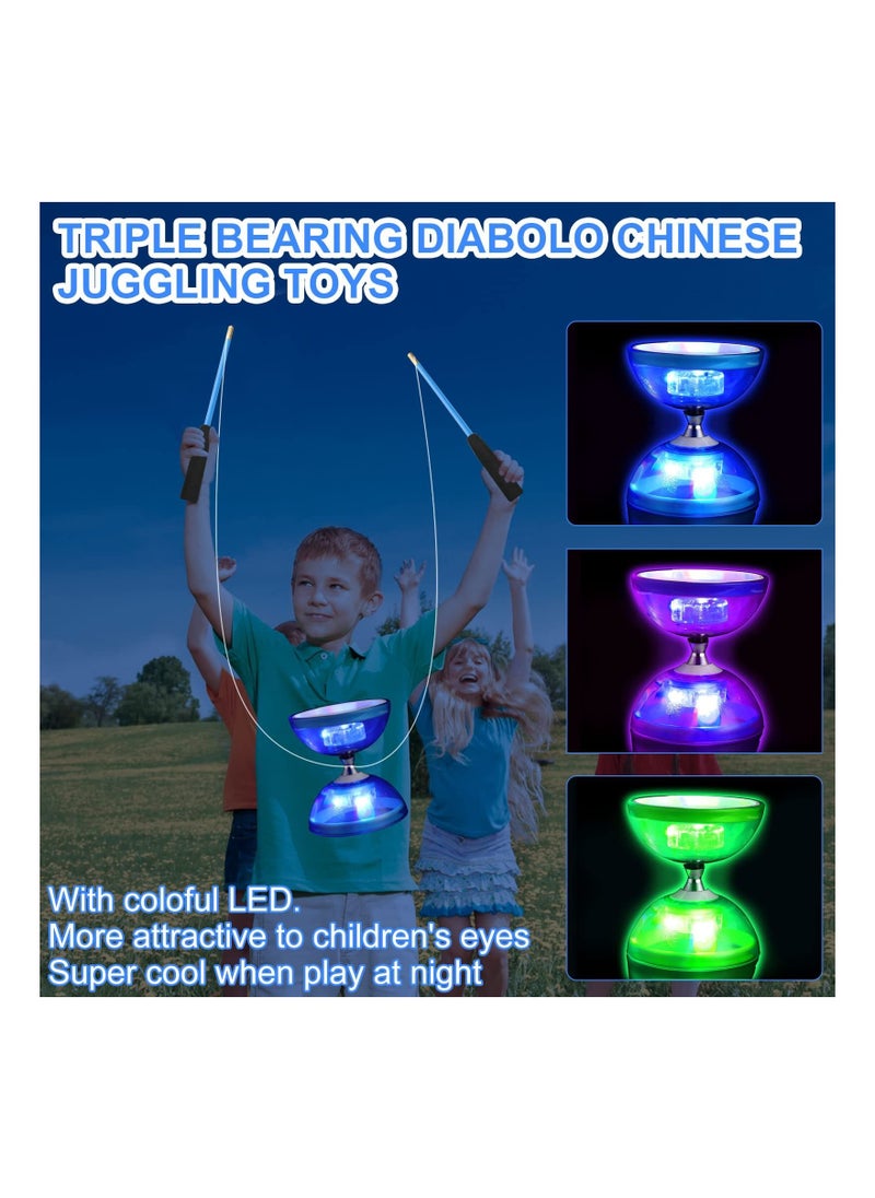 Y&D - Diabolo, 3 Set Chinese Yo Yo, LED Diabolo Toy, Light Up with Sticks, String Net Bag for Beginners, Green, Purple, Blue, Yoyo Set, Easier Lasts Longer - Image 1