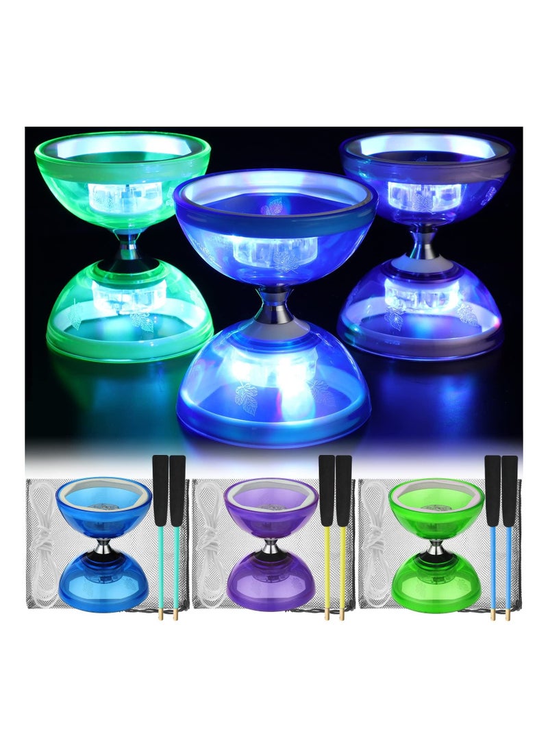 Y&D - Diabolo, 3 Set Chinese Yo Yo, LED Diabolo Toy, Light Up with Sticks, String Net Bag for Beginners, Green, Purple, Blue, Yoyo Set, Easier Lasts Longer - Image 1