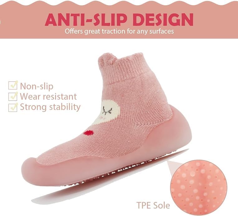 ZONEY Anti-Slip Baby Toddler First Walking Sock Shoes - Lightweight Slip-On with Soft Rubber Sole (Pink) - Image 4