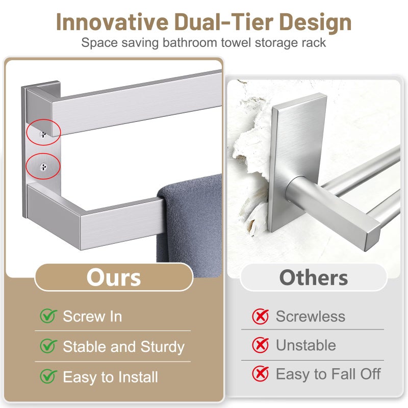 TNOMS Brushed Nickel Double Towel Bar,Towel Rack for Bathroom Stainless Steel Wall-Mounted Bathroom Hardware Accessories 32 Inch - Image 3