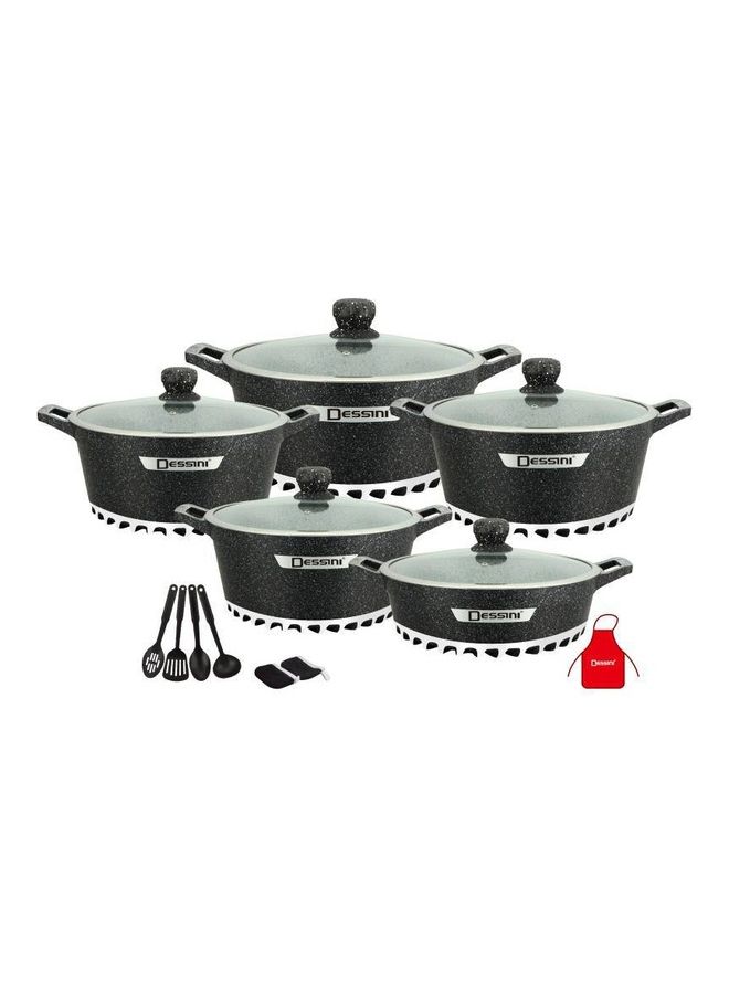 DESSINI 17-Pieces Granite Cookware Set Includes Casserole With Lid 24cm, Casserole With Lid 28cm, Casserole With Lid 32cm, Casserole With Lid 28cm, Shallow Casserole 7xCooking Tools Black/Clear - Image 1