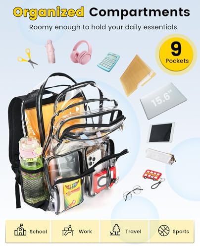 Vorspack Clear Backpack Heavy Duty - Extra Large Clear Bookbag Transparent See Through Backpacks for College Work Festival - Black - Image 3