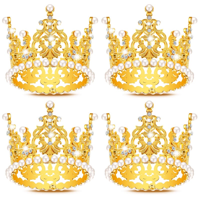 LEIFIDE 4 Pcs Mini Crown Gold Cake Topper Tiny Tiara Cake Decoration for Wedding Pearl Crystal Vintage Queen Crown for Women Lady Girl Wedding Royal Themed Baby Shower Decor (Gold) - Image 1