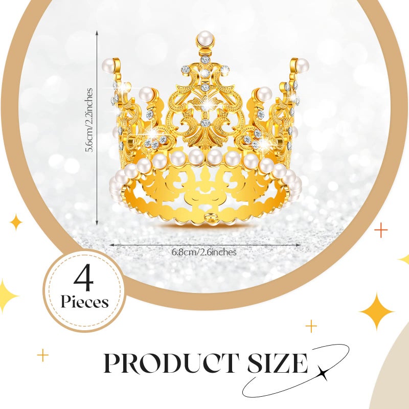 LEIFIDE 4 Pcs Mini Crown Gold Cake Topper Tiny Tiara Cake Decoration for Wedding Pearl Crystal Vintage Queen Crown for Women Lady Girl Wedding Royal Themed Baby Shower Decor (Gold) - Image 2