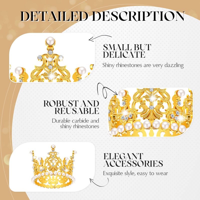LEIFIDE 4 Pcs Mini Crown Gold Cake Topper Tiny Tiara Cake Decoration for Wedding Pearl Crystal Vintage Queen Crown for Women Lady Girl Wedding Royal Themed Baby Shower Decor (Gold) - Image 3