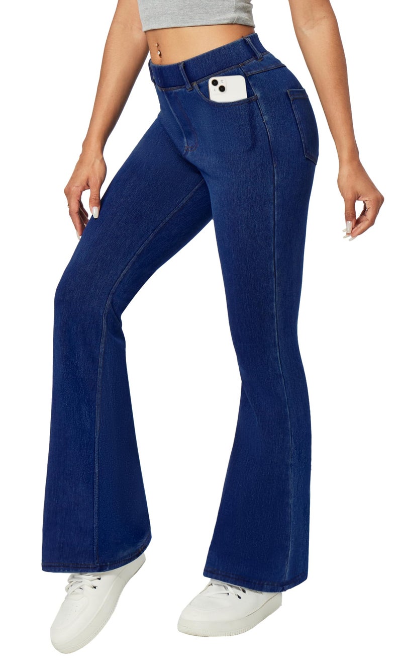 Heathyoga Stretchy Bell Bottom Jeans for Women Trendy Pull On Bootcut Flare Jean Leggings Jeggings for Women with Pockets Dark Blue - Image 1