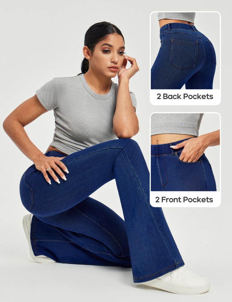 Heathyoga Stretchy Bell Bottom Jeans for Women Trendy Pull On Bootcut Flare Jean Leggings Jeggings for Women with Pockets Dark Blue - Image 5