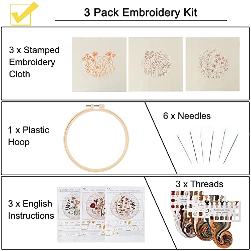 Uphome 3 Pack Embroidery Starter Kit for Beginners Stamped Cross Stitch Kits with Cute Flowers and Plants Patterns with 1 Embroidery Hoop and Color Threads for Adults Kids - Image 3