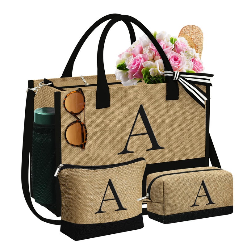 YOOLIFE Gifts for Women, Birthday Gifts for Women, Personalized Monogram Beach Tote Bags for Female Friend Mom Sister Birthday Teacher Gift Wedding Personalized Gift for Her Teacher Mom Letter A - Image 1