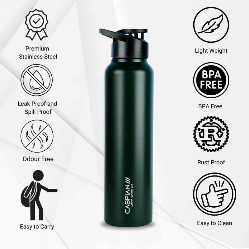 CASPIAN /// HIke ISI Certified Stainless Steel Water Bottle 1 ltr. (Forest Green, 1 Litre) | Leak Proof Sipper for Fridge Home Office Travel School Kids Boys Girls Adults Sports Gym Yoga | BPA Free - Image 3