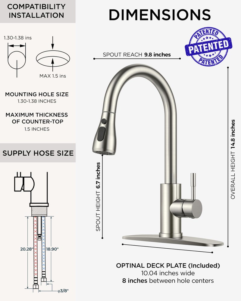 FORIOUS Kitchen Faucets with Pull Down Sprayer, Brushed Nickel High Arc Single Handle Stainless Steel Bar Sink Faucet with Deck Plate for 1 or 3 Hole, Suitable for Farmhouse RV Camper Laundry - Image 2