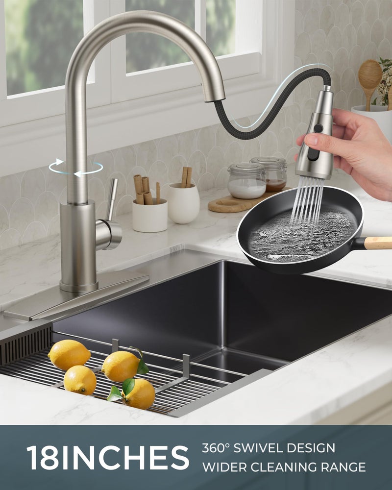 FORIOUS Kitchen Faucets with Pull Down Sprayer, Brushed Nickel High Arc Single Handle Stainless Steel Bar Sink Faucet with Deck Plate for 1 or 3 Hole, Suitable for Farmhouse RV Camper Laundry - Image 3