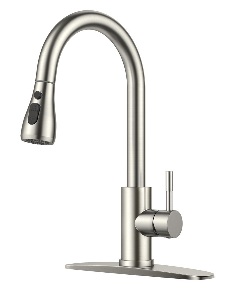 FORIOUS Kitchen Faucets with Pull Down Sprayer, Brushed Nickel High Arc Single Handle Stainless Steel Bar Sink Faucet with Deck Plate for 1 or 3 Hole, Suitable for Farmhouse RV Camper Laundry - Image 1