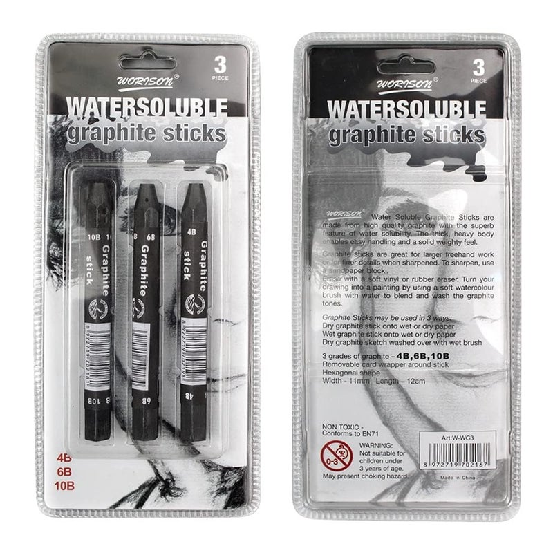 Artnery Water Soluble Chunky Graphite Stick Pack of 3 for Sketching and Drawing
