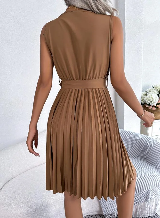 Take Two camel Beige Sleeveless Pleated Mini Dress for Women | Best Price UAE