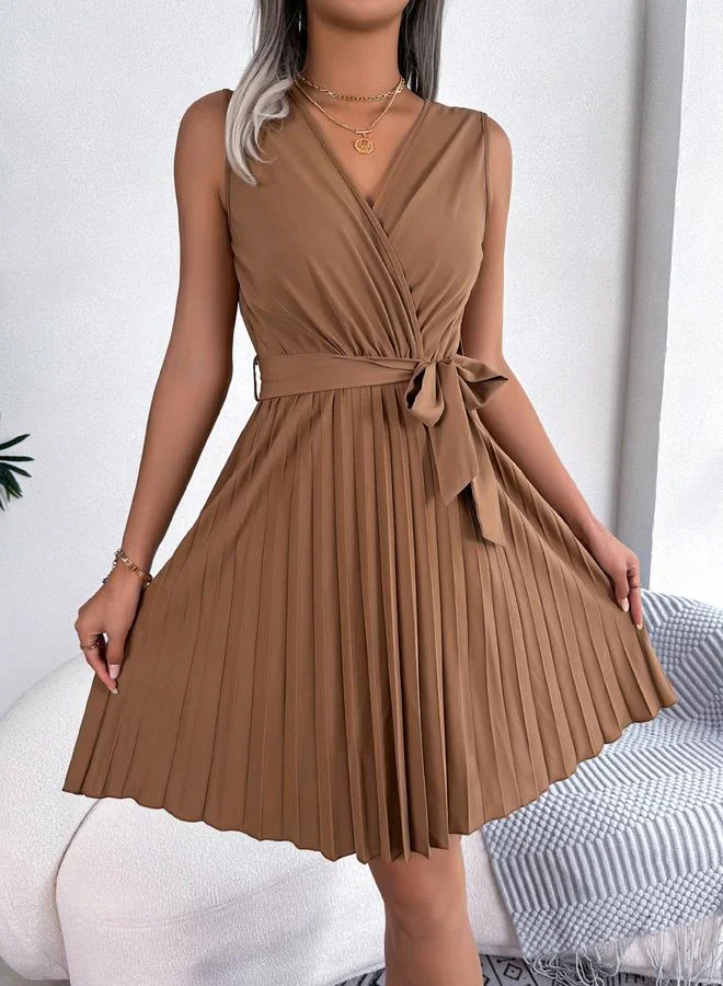 Take Two camel Beige Sleeveless Pleated Mini Dress for Women | Best Price UAE