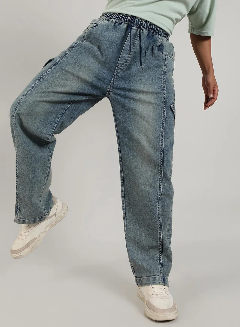 Campus Sutra Campus Sutra Men's Steel Blue Acid-Wash Baggy Denim Jeans For Casual Wear | Medium-Wash | Mid-Rise | Drawstring Closure | Denim Jeans Crafted With Comfort Fit For Everyday Wear