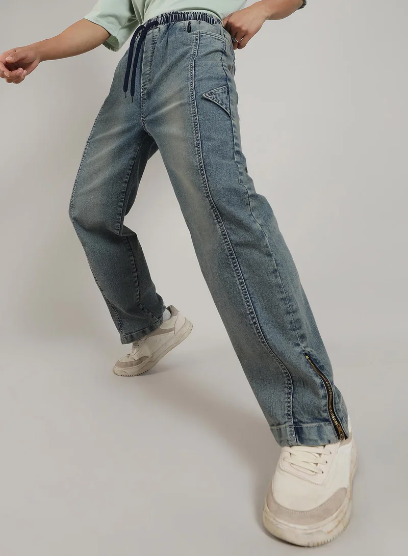 Campus Sutra Campus Sutra Men's Steel Blue Acid-Wash Baggy Denim Jeans For Casual Wear | Medium-Wash | Mid-Rise | Drawstring Closure | Denim Jeans Crafted With Comfort Fit For Everyday Wear