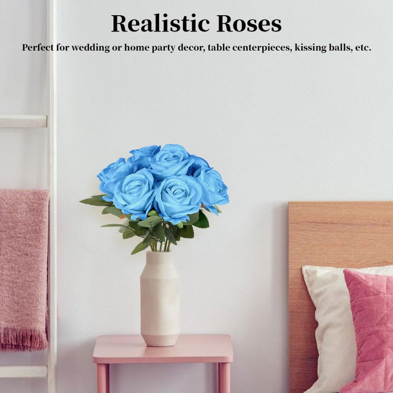 DECEED 10 PCS Artificial Roses with Long Stems Silk Flowers Realistic Foam Flowers Fake Roses for Valentine's Day Home Wedding Decor(Light Blue) - Image 4