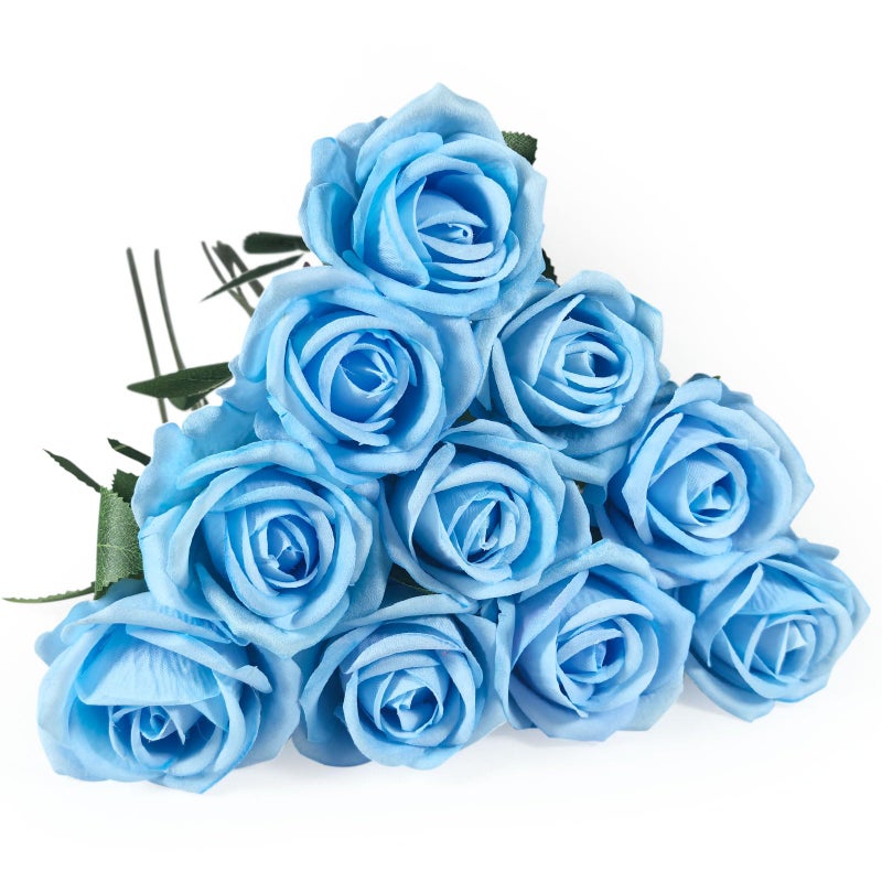 DECEED 10 PCS Artificial Roses with Long Stems Silk Flowers Realistic Foam Flowers Fake Roses for Valentine's Day Home Wedding Decor(Light Blue) - Image 1