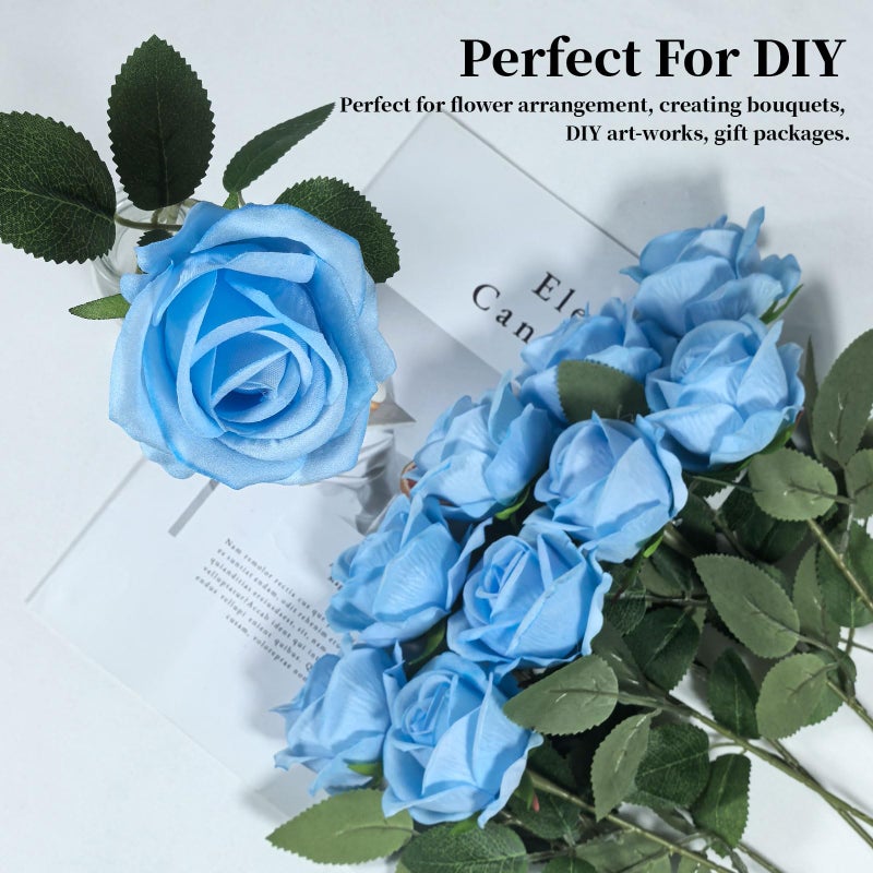 DECEED 10 PCS Artificial Roses with Long Stems Silk Flowers Realistic Foam Flowers Fake Roses for Valentine's Day Home Wedding Decor(Light Blue) - Image 5