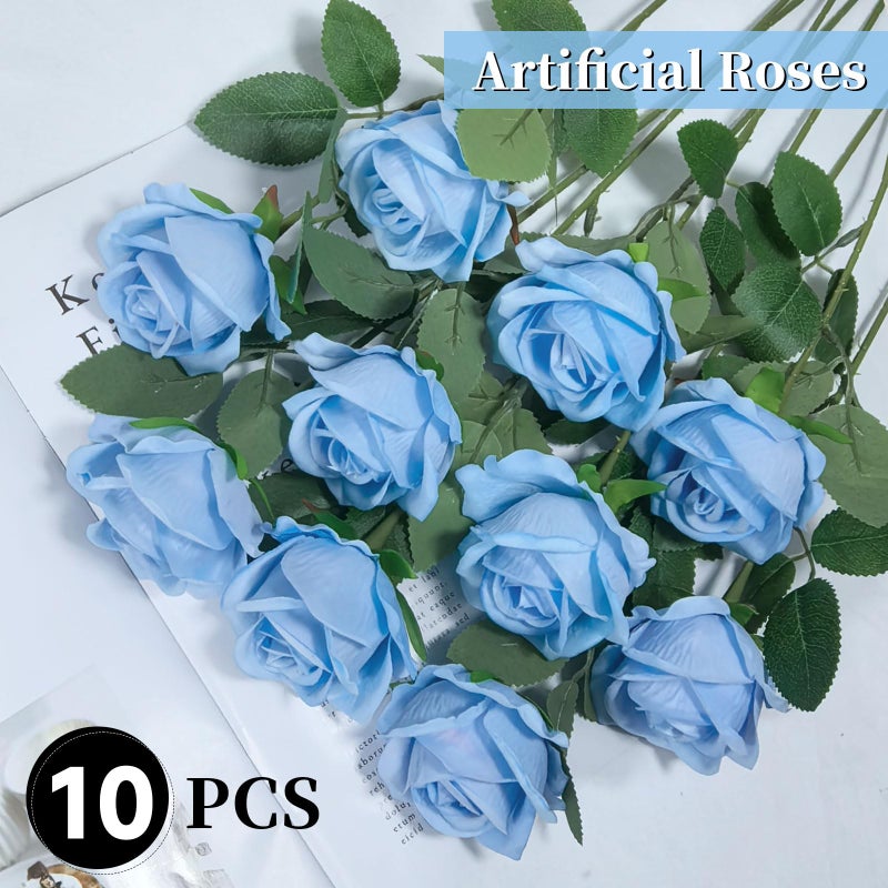 DECEED 10 PCS Artificial Roses with Long Stems Silk Flowers Realistic Foam Flowers Fake Roses for Valentine's Day Home Wedding Decor(Light Blue) - Image 2