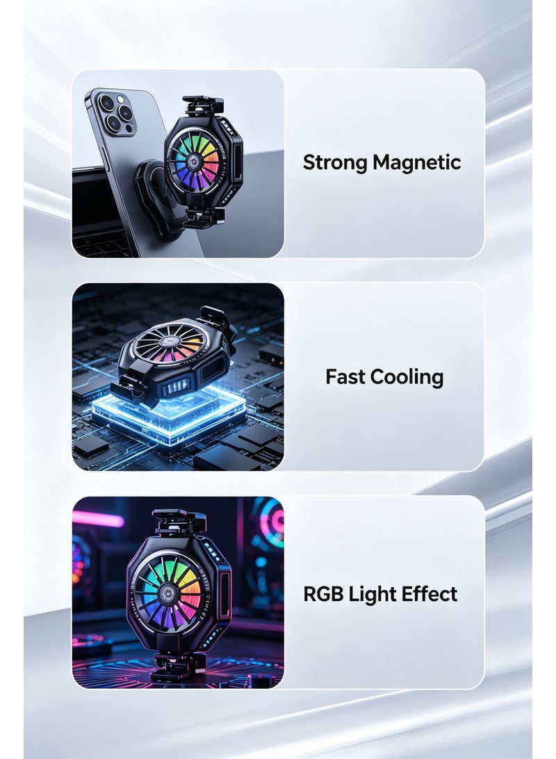 YS-S6 Semiconductor Phone Cooler, Magnetic Clip-on Mobile Phone Radiator with RGB Color Light, 2 Speed Adjustable Gaming Phone Cooling Fan for iPhone Android Live Streaming Game - Image 3