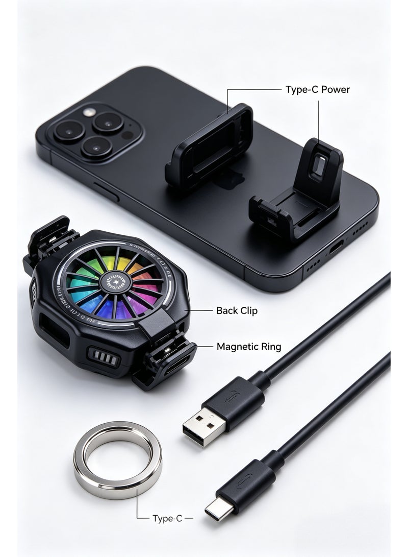 YS-S6 Semiconductor Phone Cooler, Magnetic Clip-on Mobile Phone Radiator with RGB Color Light, 2 Speed Adjustable Gaming Phone Cooling Fan for iPhone Android Live Streaming Game - Image 4