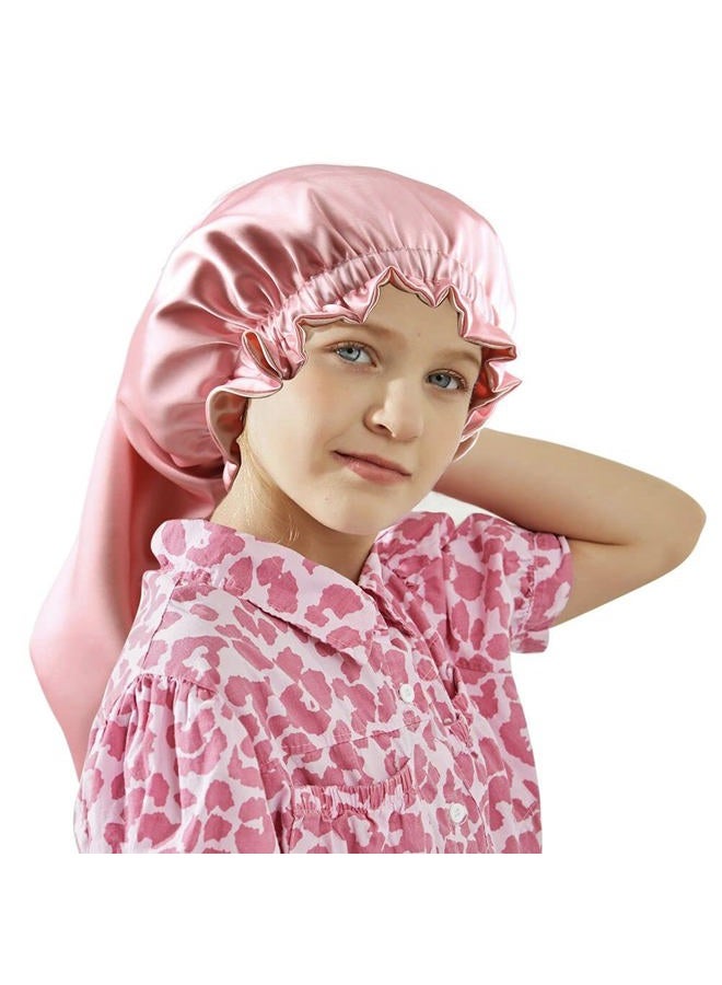 ELIHAIR Kids Long Sleeping Cap Teens Toddler Child Hair Bonnets Night Sleep Cap Adjustable Silky Satin Bonnet Cap for Long Braids Curly Hair Juicy Pink - Image 1
