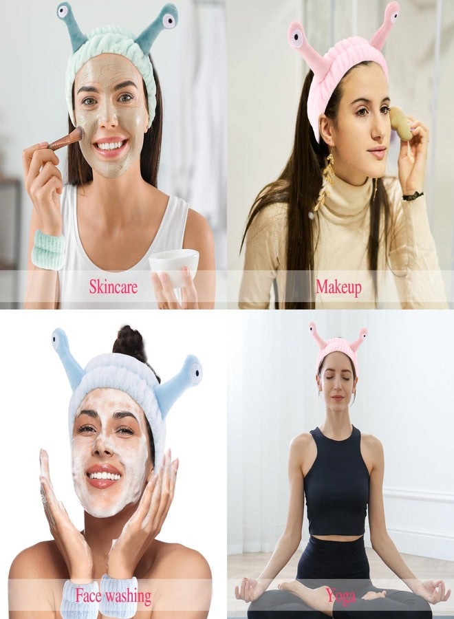 Atoden Snail Spa Headband and Wristband Set Skincare Makeup Headband for Washing Face Cute Animal Spa Head Band for Women Girls Stocking Stuffers (Pink Blue Green) - Image 2