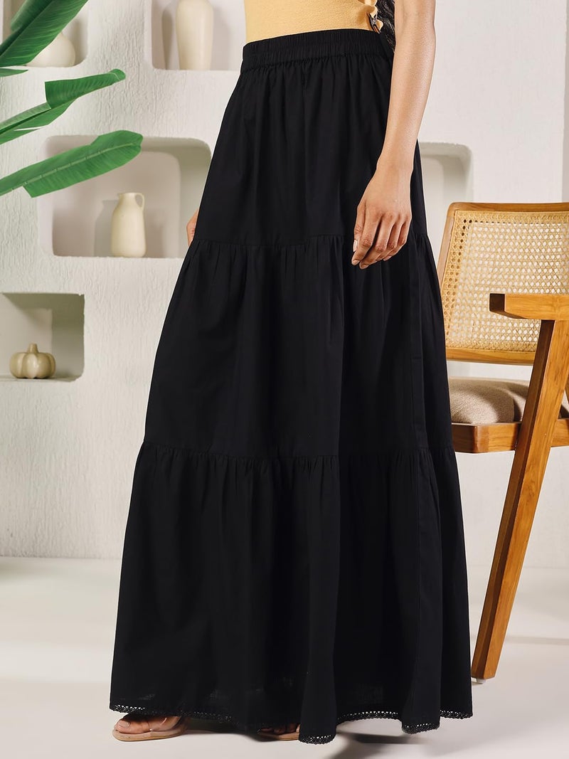 FIORRA Women's Black Cotton Tiered Maxi Skirt BTM026 - Image 4