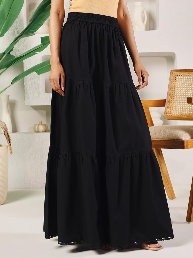 FIORRA Women's Black Cotton Tiered Maxi Skirt BTM026 - Image 3