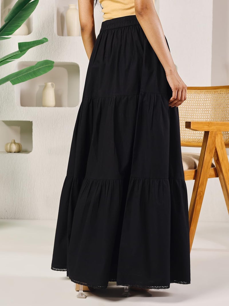 FIORRA Women's Black Cotton Tiered Maxi Skirt BTM026 - Image 2