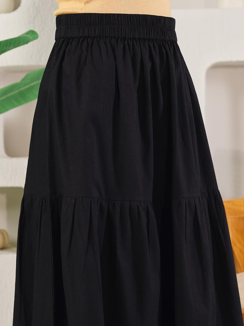 FIORRA Women's Black Cotton Tiered Maxi Skirt BTM026 - Image 5