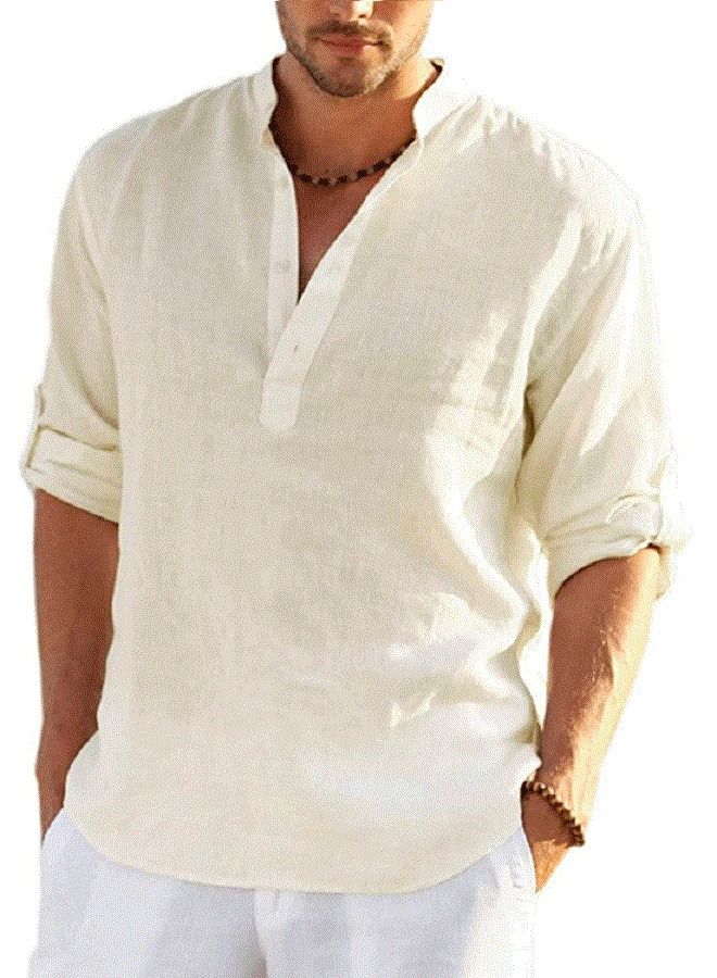 Loquat Men's Long Sleeve Loose Solid Color Linen Shirt Beige 