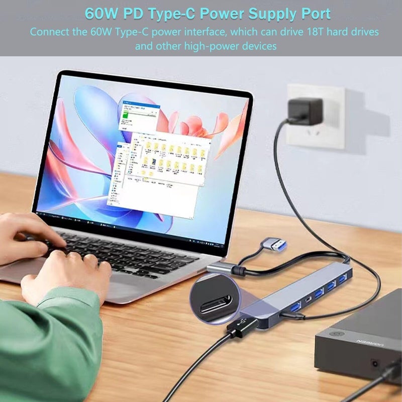 ڤينون محور USB C من VIENON، محور USB 3.0، موسع USB ألومنيوم 7 في 1، مقسم USB مع منفذ USB 3.0 واحد، 4 منافذ USB 2.0 ومنفذي USB C لأجهزة MacBook Pro Air والمزيد من أجهزة الكمبيوتر/اللابتوب/التابلت - Image 4