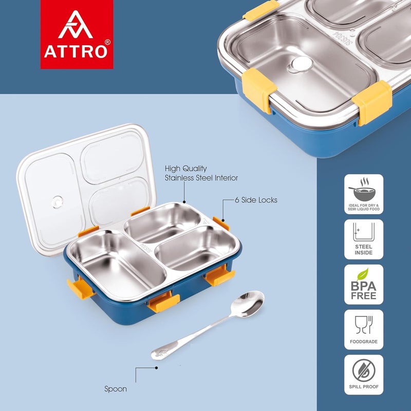 Attro Bento 3 Compartment Stainless Steel Lunch Box with Steel Spoon Heating Water Insulation Design for Office School Travelling 750ml Navy Blue - Image 2