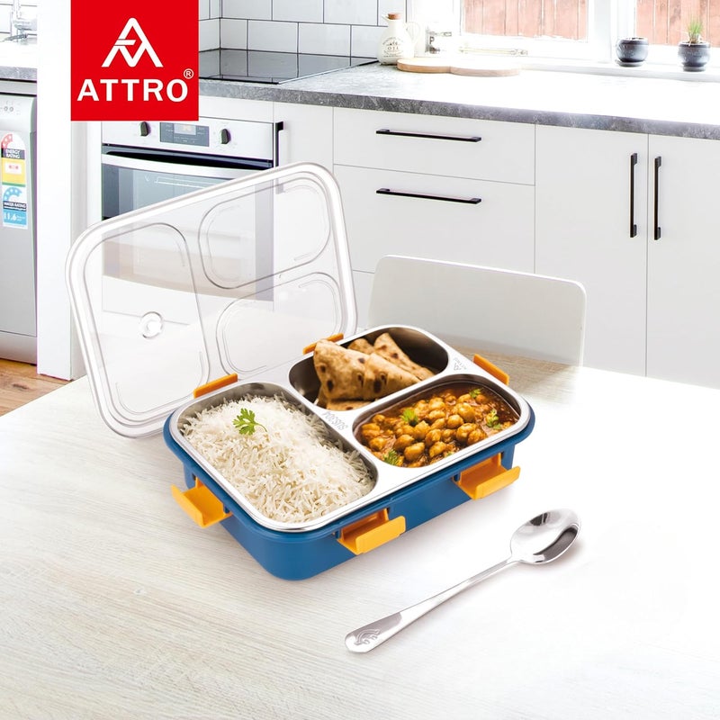 Attro Bento 3 Compartment Stainless Steel Lunch Box with Steel Spoon Heating Water Insulation Design for Office School Travelling 750ml Navy Blue - Image 4