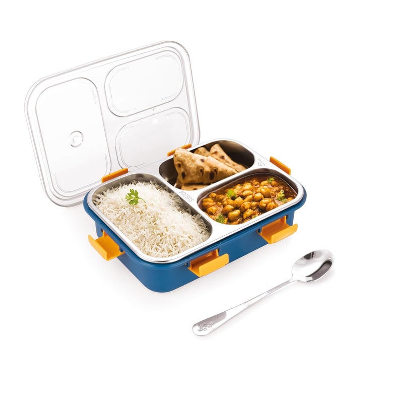 Attro Bento 3 Compartment Stainless Steel Lunch Box with Steel Spoon Heating Water Insulation Design for Office School Travelling 750ml Navy Blue - Image 1