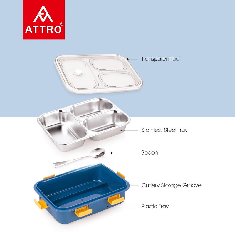 Attro Bento 3 Compartment Stainless Steel Lunch Box with Steel Spoon Heating Water Insulation Design for Office School Travelling 750ml Navy Blue - Image 3