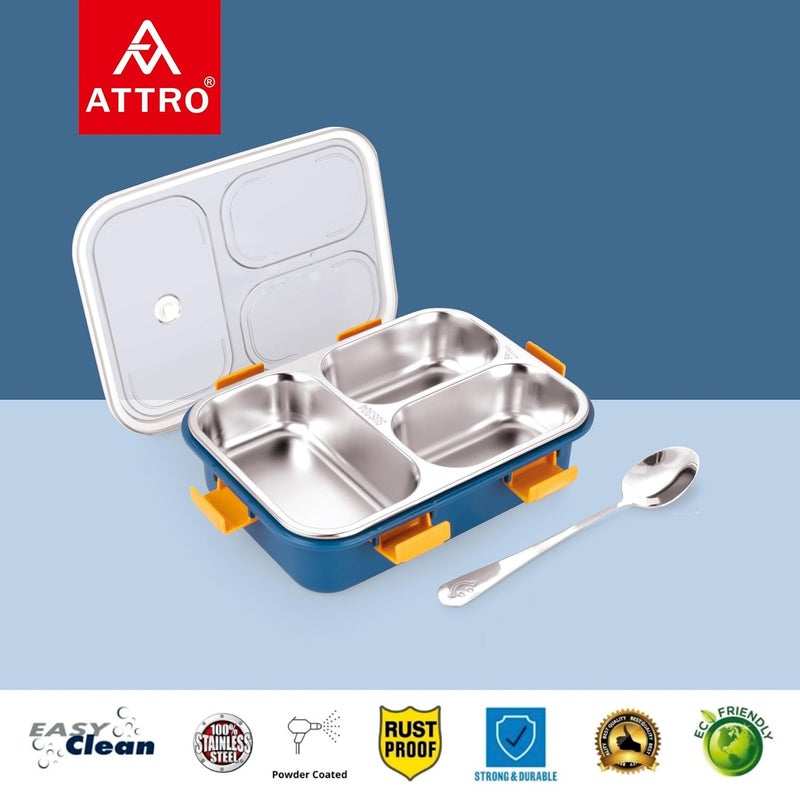 Attro Bento 3 Compartment Stainless Steel Lunch Box with Steel Spoon Heating Water Insulation Design for Office School Travelling 750ml Navy Blue - Image 5
