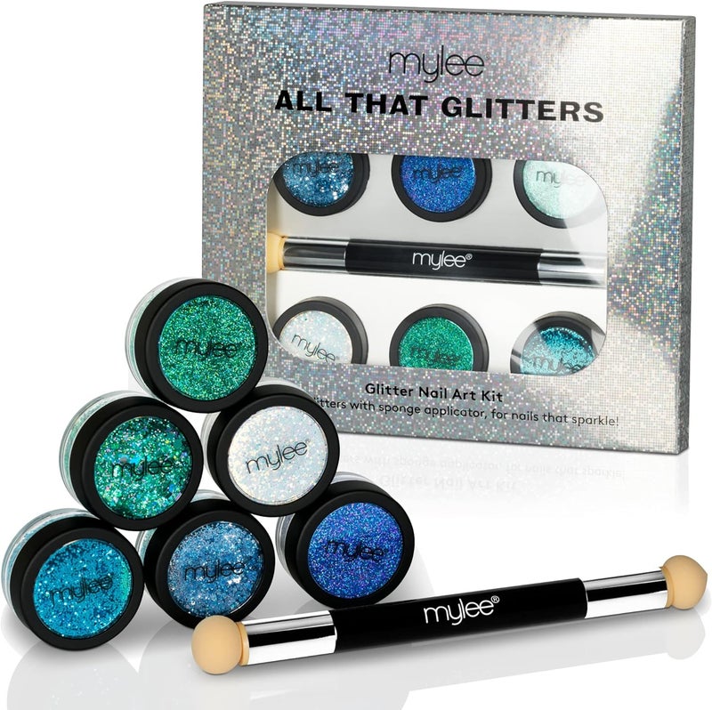 MYGEL by Mylee All That Glitters Glitter Kit Under The Sea 6X Nail Glitter Jars Sponge Applicator DIY Nail Decoration Sequins Powder Holographic Dust Powder Ideal for Nail Art Crafts