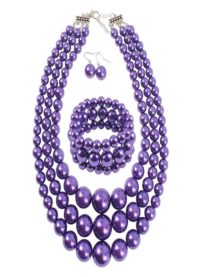 KOSMOS-LI Large Pearl Jewelry Set 3 Layer Simulated Purple Pearl Women's Statement 18" Necklace Bracelet and Earrings - Image 1