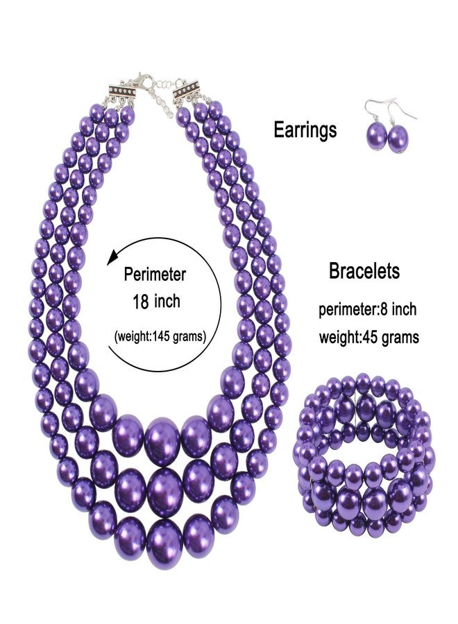 KOSMOS-LI Large Pearl Jewelry Set 3 Layer Simulated Purple Pearl Women's Statement 18" Necklace Bracelet and Earrings - Image 3
