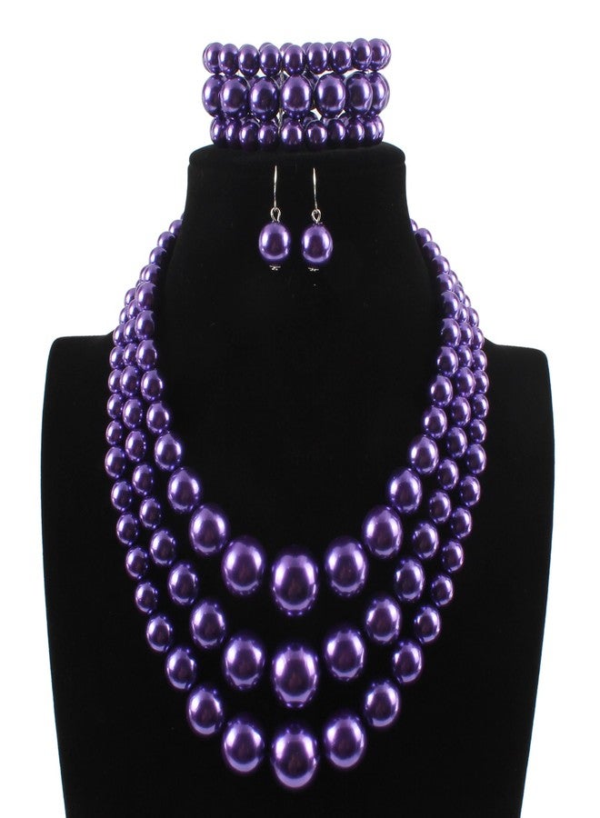 KOSMOS-LI Large Pearl Jewelry Set 3 Layer Simulated Purple Pearl Women's Statement 18" Necklace Bracelet and Earrings - Image 2