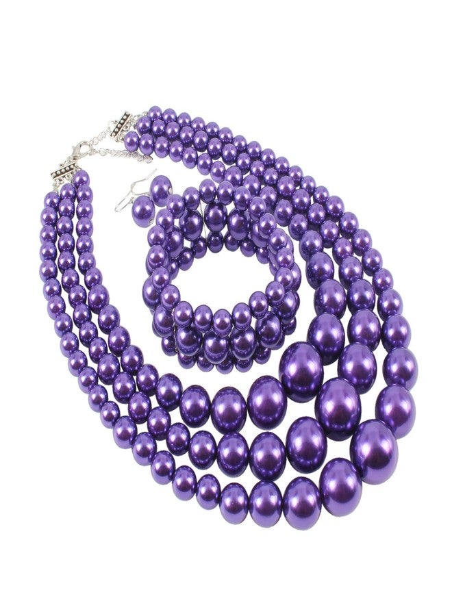 KOSMOS-LI Large Pearl Jewelry Set 3 Layer Simulated Purple Pearl Women's Statement 18" Necklace Bracelet and Earrings - Image 4