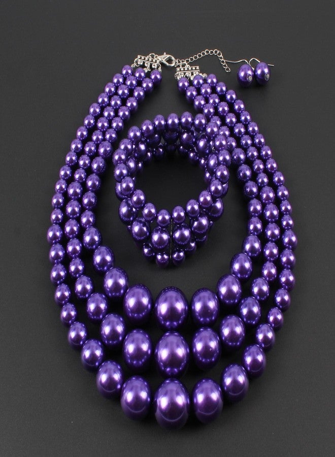 KOSMOS-LI Large Pearl Jewelry Set 3 Layer Simulated Purple Pearl Women's Statement 18" Necklace Bracelet and Earrings - Image 5