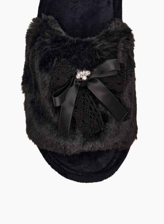 Le Confort Faux Fur Textured Bedroom Slippers with Bow Accent - Image 3