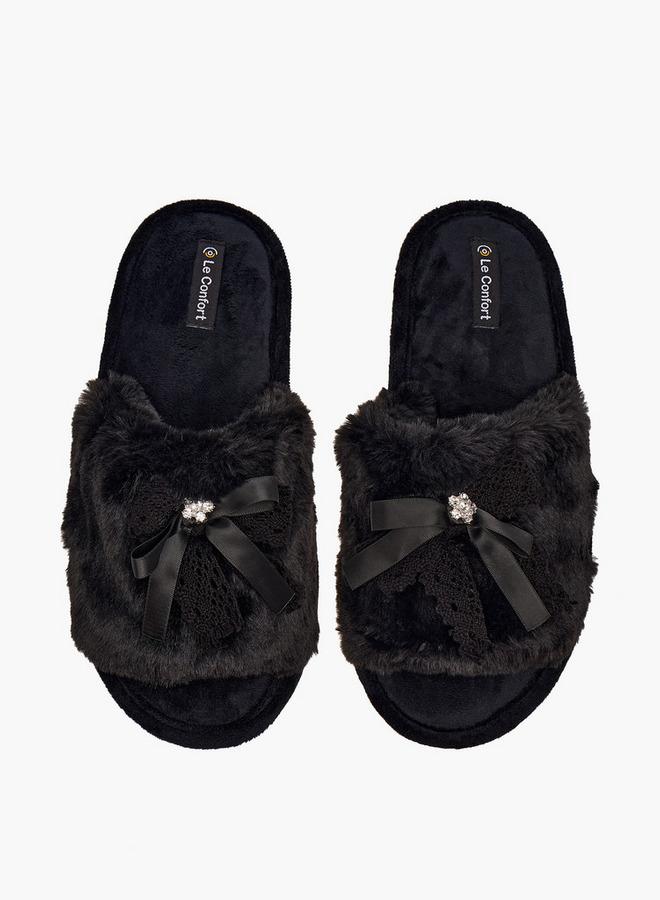 Le Confort Faux Fur Textured Bedroom Slippers with Bow Accent - Image 1